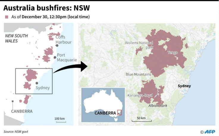 Graphic showing the bushfires on Australia's East coast as of Monday.