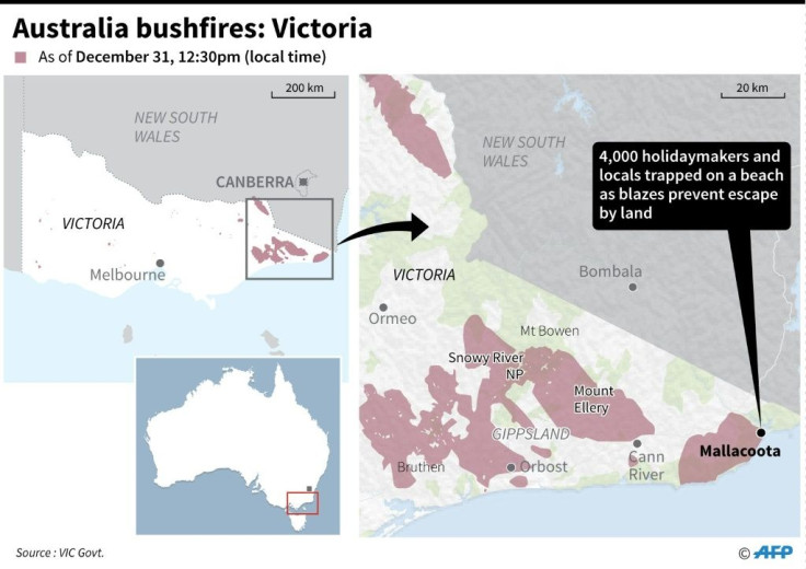 Map of Victoria state of Australia showing the active fires as of December 31.