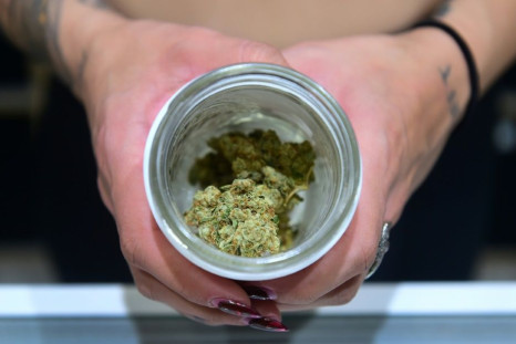 A jar of Insane OG, a strain of marijuana, at the opening of 'Dr. Greenthumb,' a medical and recreational marijuana dispensary in Sylmar, California