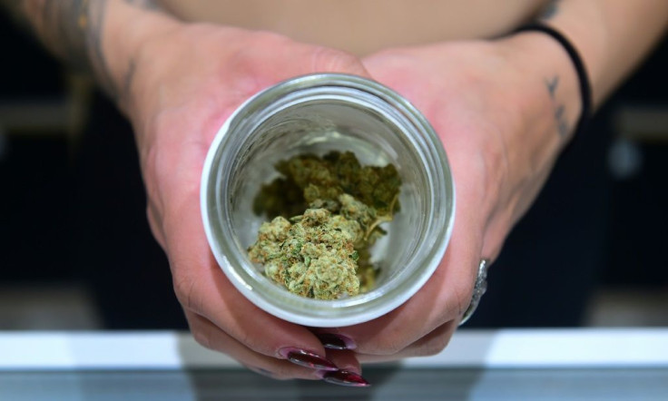 A jar of Insane OG, a strain of marijuana, at the opening of 'Dr. Greenthumb,' a medical and recreational marijuana dispensary in Sylmar, California