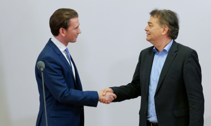 Sebastian Kurz (L), leader of Austria's People's party (OeVP) and Werner Kogler (R), leader of Austria's Green Party, are in talks to form a government