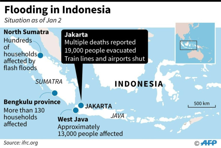 Map of Indonesia locating areas affected by flooding as of January 2.