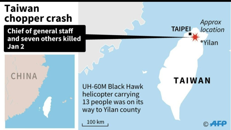 Map of Taiwan, showing the approximate area where a top military officer died during a helicopter crash landing.