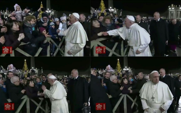 This combination of pictures created on January 1 of frame grabs taken from a handout video made available by Vatican Media shows from top left to bottom right, a lady (L) with her hands clasped as she watches Pope Francis greeting Catholic faithful as he