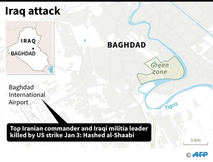 Map of Baghdad locating the international airport where a top Iranian commander and an Iraqi militia leader have been killed in an attack, according to Hashed al-Shaabi.
