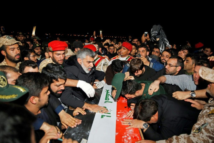 People chanted "death to America" as they carried the casket of Iranian commander Qasem Soleimani upon arrival at Ahvaz International Airport in Tehran