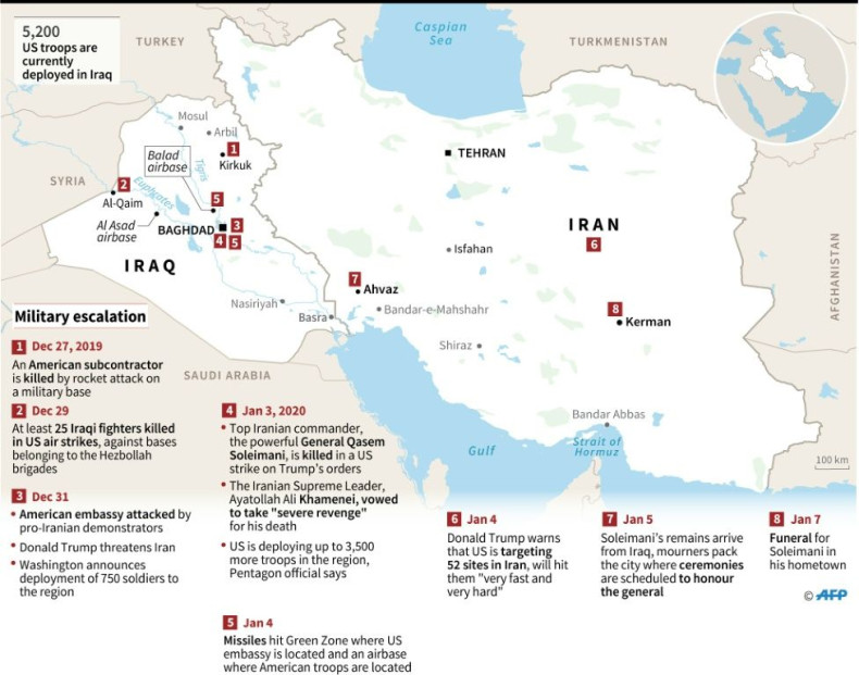 Map of Iran and Iraq showing latest developments in military escalation in which Iranian General Qasem Soleimani was killed in a US strike on the orders of Donald Trump
