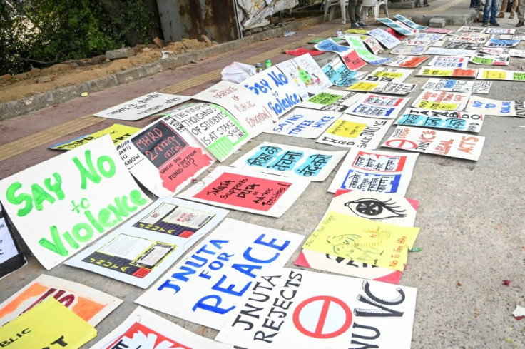 Placards supporting Jawaharlal Nehru University students on display on a roadside near the campus in New Delhi