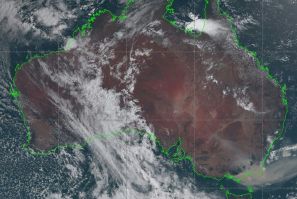 A satellite image on January 3, 2020 shows bushfire smoke (bottom right) drifting off the coast of southeast New South Wales, Australia --  a cloud of smoke from the blazes has been spotted on the other side of the Pacific Ocean
