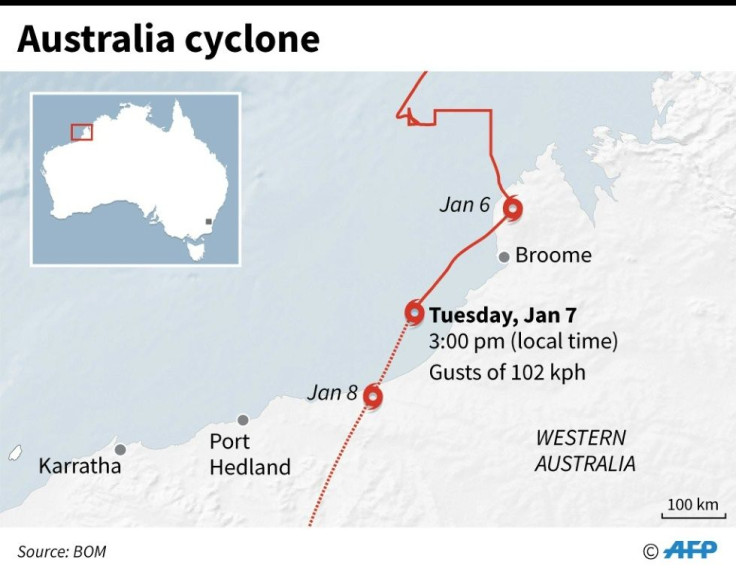 Map of northwestern Australia, showing the path of Cyclone Blake as of Tuesday.