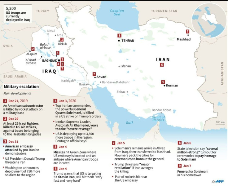 Map of Iran and Iraq showing developments in military escalation in which Iranian commander General Qasem Soleimani was killed in a US strike on the orders of Donald Trump.