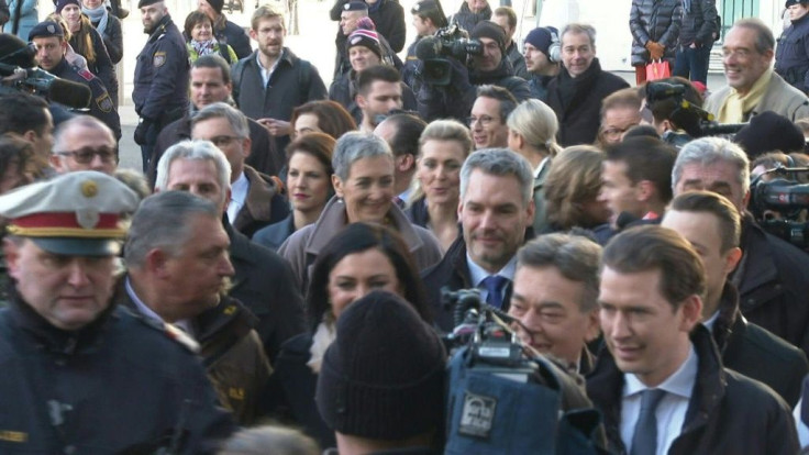 IMAGES of the coalition government arrivingSebastian Kurz and Austria's new conservative-green coalition ministers enter the Presidency building in Vienna for a swearing-in ceremony after the world's youngest democratically elected leader returned at the
