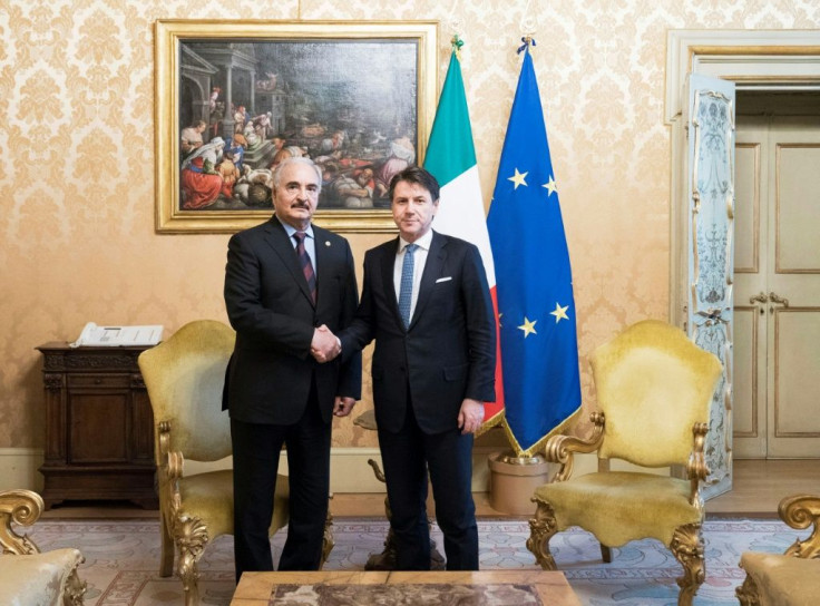 Italy's Prime Minister Giuseppe Conte (R) met Libyan military strongman Khalifa Haftar in Rome as part of Europe's accelerating diplomatic efforts