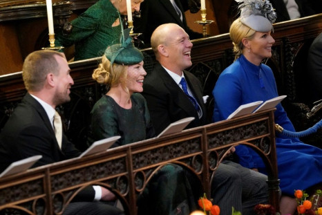L-R: Peter and Autumn Phillips with Mike and Zara Tindall attend a wedding in 2018