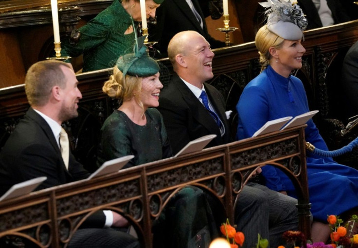 L-R: Peter and Autumn Phillips with Mike and Zara Tindall attend a wedding in 2018