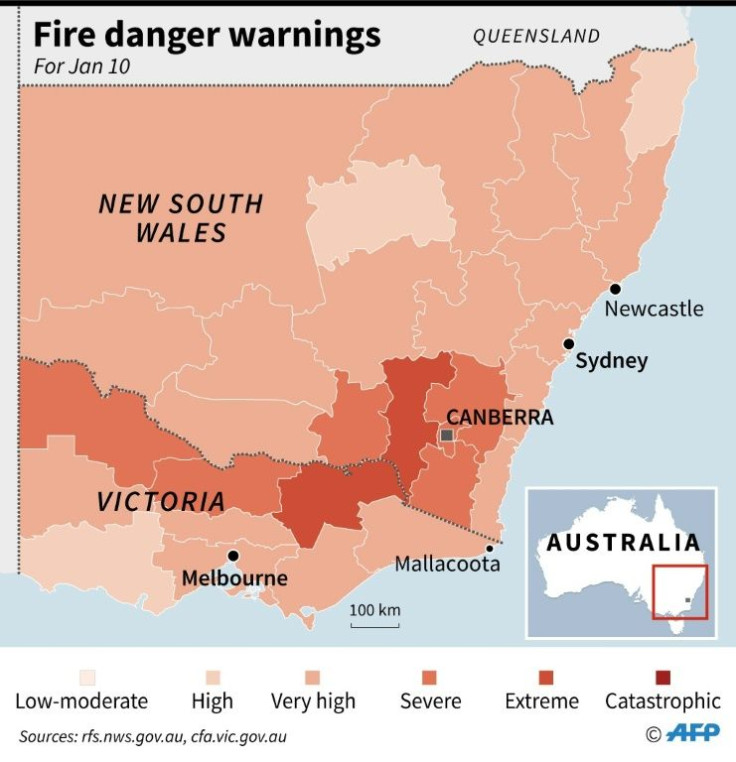 Map of New South Wales and Victoria detailing official fire danger warnings for January 10, 2020