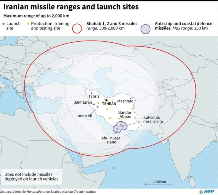 Map showing the range of Iranian missiles and their launch sites
