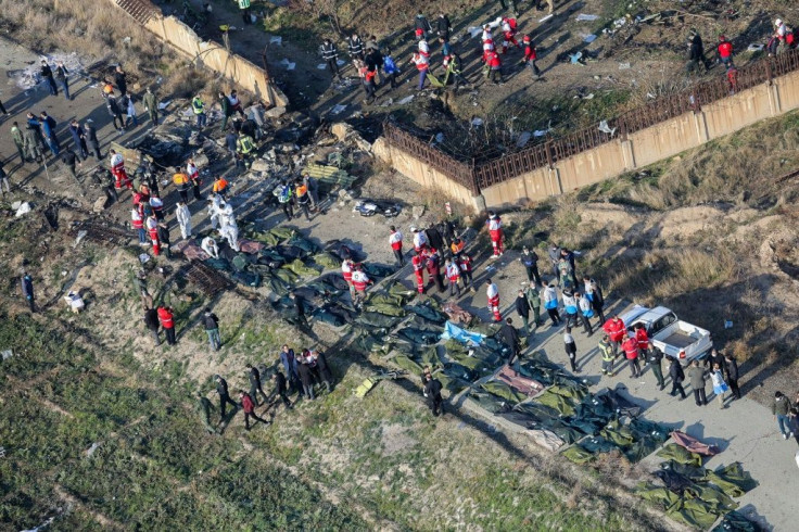Rescue teams are pictured among bodies and debris at the crash site