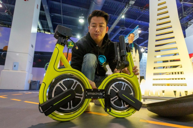 The Smacircle S1 micro-mobility bike, shown at the 2020 Consumer Electronics Show, can fold up and fit into a backpack or commuter case