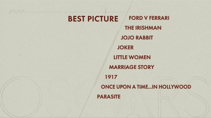 SOUNDBITEThe Academy of Motion Picture Arts and Sciences announces the nominees for the best picture Oscar, which will be handed out on February 9 in Hollywood. The nominees are: "1917"; "Ford v Ferrari"; "The Irishman"; "Jojo Rabbit"; "Joker"; "Little Wo