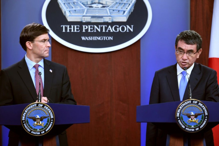 US Secretary of Defense Mark Esper and Japan's Minister of Defense Taro Kono show a united front on North Korea in a Pentagon news conference