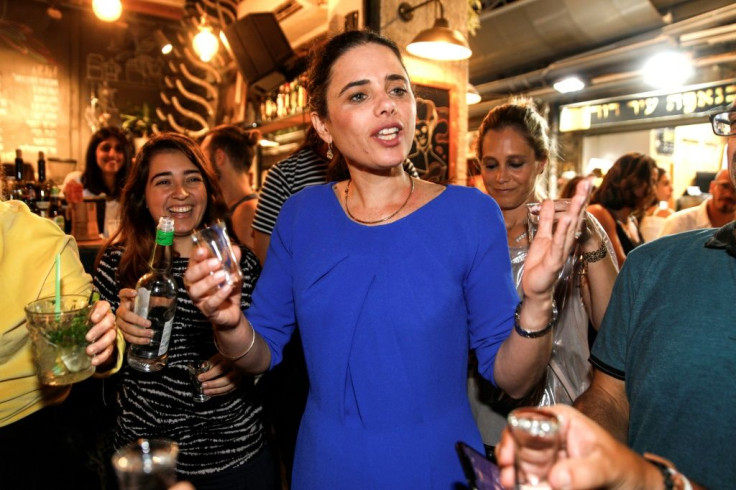 Israeli former justice minister Ayelet Shaked campaigns for the far-right Yamina (Rightward) alliance ahead of September's inconclusive general election
