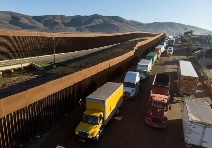 Trucks lining up to cross from Tijuana, Mexico to the United States in December 2019