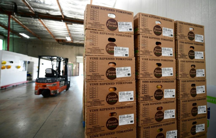 Boxes of tomatoes awaiting distribution from a warehouse at the US-Mexico border in San Diego, California in June 2019