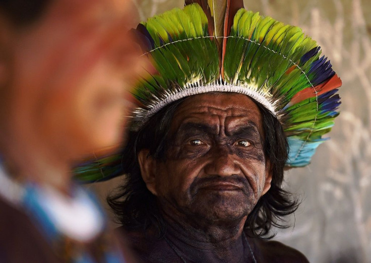 An indigenous tribesman looks on at proceedings during the meeting of Amazon tribal leaders in Brazil's Mato Grosso state