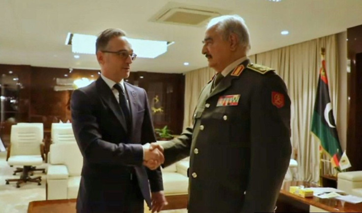 Libyan strongman Khalifa Haftar greets German Foreign Minister Heiko Maas in his eastern stronghold Benghazi