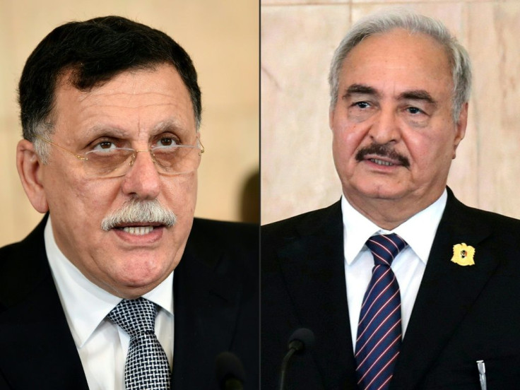 The head of Tripoli's UN-recognised government Fayez al-Sarraj (left) and military strongman Khalifa Haftar