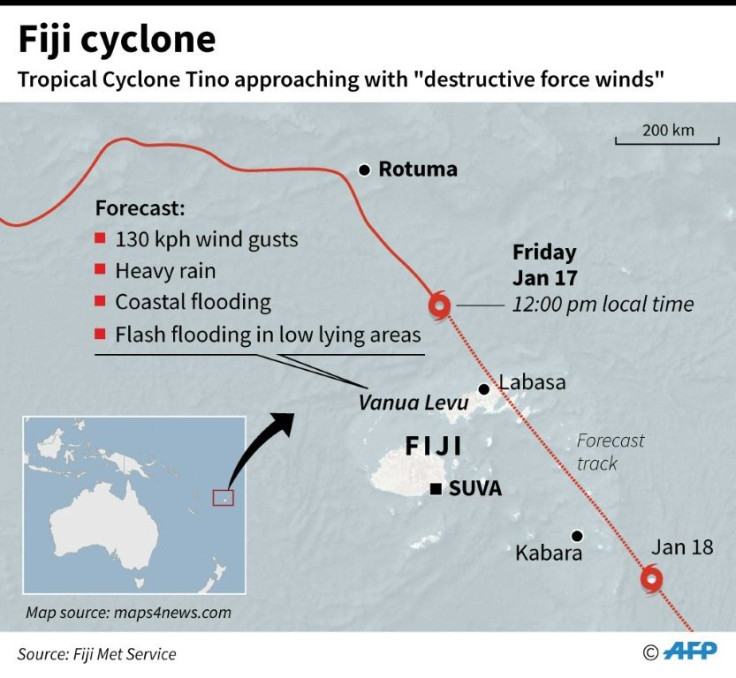 Map showing Fiji and the path of Tropical Cyclone Tino