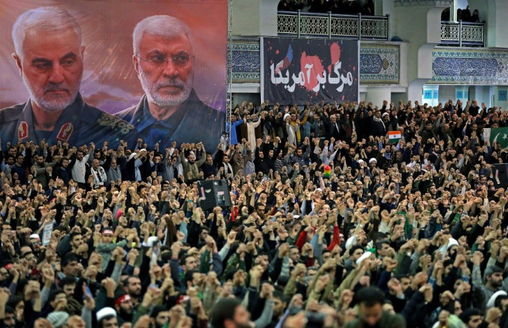Khamenei paid tribute to Soleimani's service in his address to the congregation gathered in front of a huge poster of the slain commander
