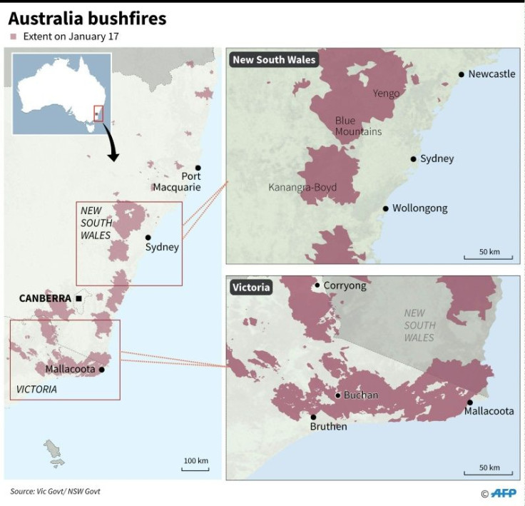 Maps showing the extent of bushfires in Australia's Victoria and New South Wales states on January 17.