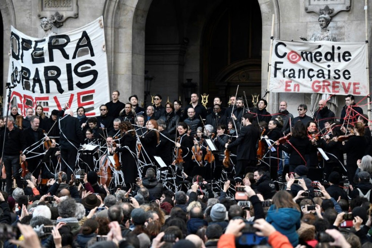 Musicians perform at the Paris Opera in support of the strike against President Emmanuel Macron's pension reforms.