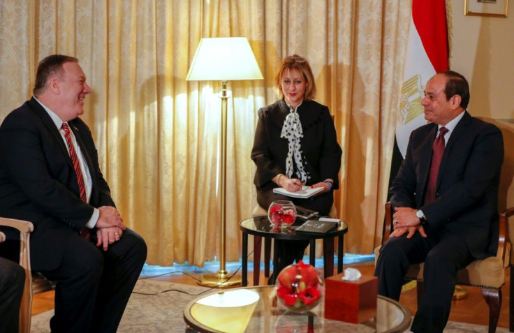 US Secretary of State Mike Pompeo (L) meets Egyptian President Abdul Fattah al-Sisi on the sidelines of an international conference on Libya in Berlin