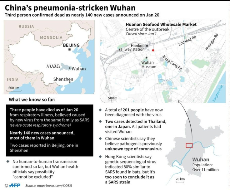 Map of China locating Wuhan and the seafood market identified at the centre of a mysterious pneumonia outbreak that has sickened dozens and killed three.