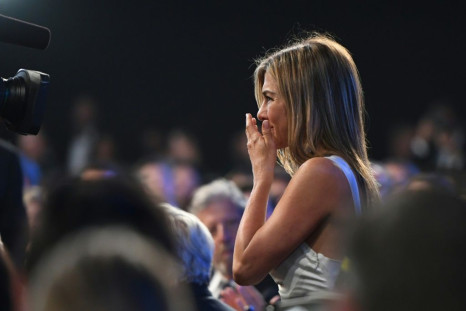 US actress Jennifer Aniston reacts after winning best actress in a drama at the 26th annual Screen Actors Guild Awards