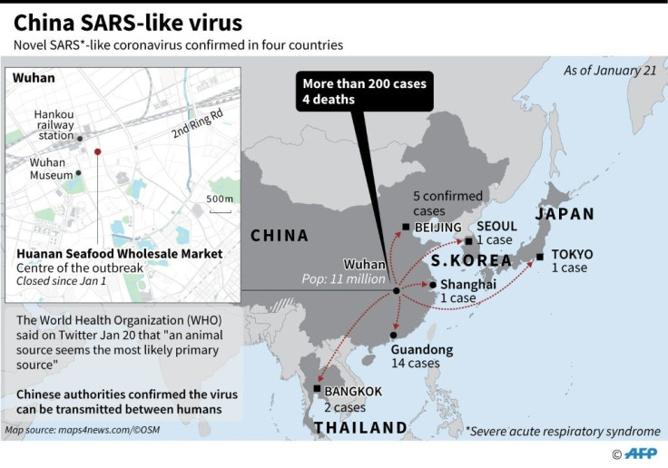 Regional map including China, Japan, Thailand, South Korea, and Wuhan Seafood Market, identified as the centre of a pneumonia outbreak that has sickened dozens and killed four.