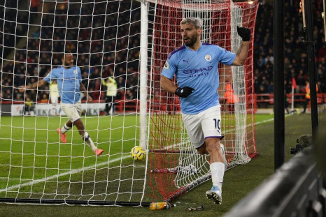 Manchester City striker Sergio Aguero celebrates his goal against Sheffield United