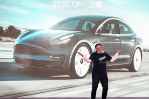 Tesla chief Elon Musk, during the delivery ceremony for the firm's China-made Model 3 in Shanghai in January 2020