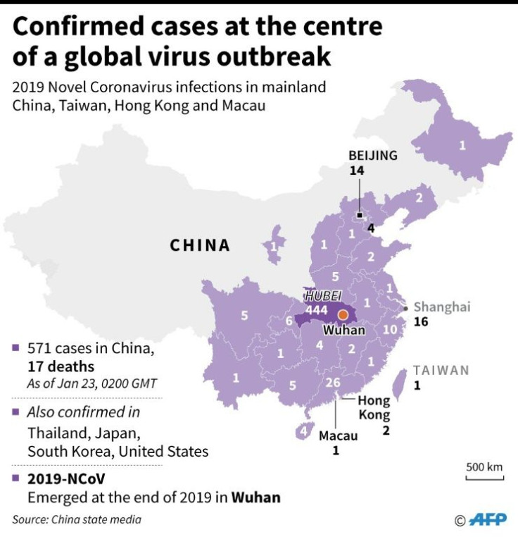 Map showing confirmed cases of the 2019 Novel Coronavirus in mainland China, as well as Taiwan, Hong Kong and Macau, as of Jan 23.