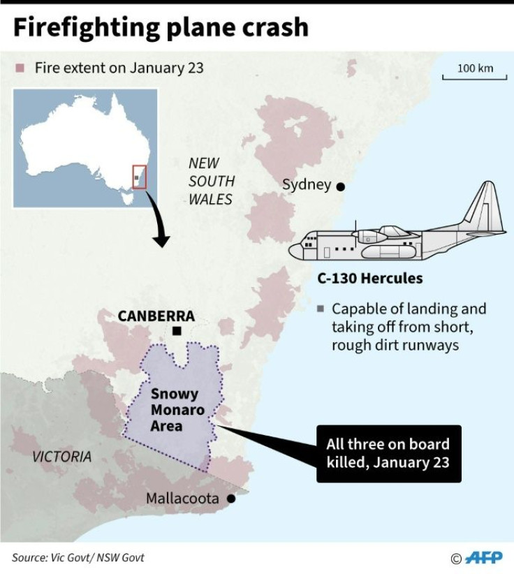 Map showing the area where a firefighting plane went missing in Australia on Thursday.