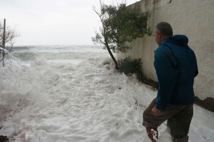 Sea water floods a street in Argeles-sur-Mer, southern France on Tuesday