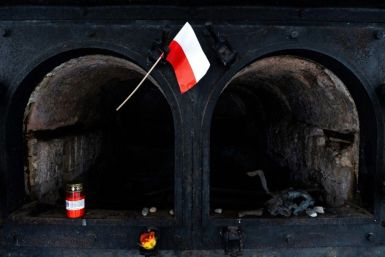 A Polish flag waves in front of a crematorium oven at the former site of the Gusen death camp in Austria, which Warsaw is pushing to be memorialised