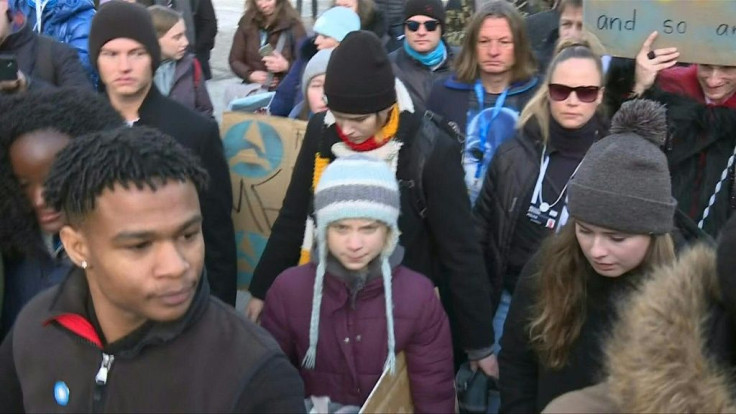 IMAGESTeenage climate activist Greta Thunberg takes part in a "school strike" demonstration in Davos, on the last day of the World Economic Forum where she said calls to the corporate elite meeting to immediately disinvest in fossil fuels have been ignore