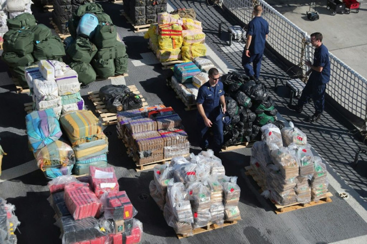 The US Coast Guard shows off cocaine and marijuana intercepted in more than a dozen separate raids in the Caribbean in October 2019