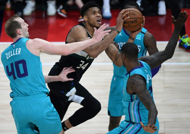 Milwaukee Bucks forward Giannis Antetokounmpo drives towards the basket in the first ever NBA regular season game in Paris