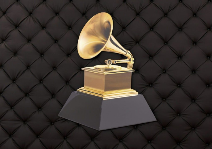 The Grammy logo is seen on a backdrop as the celebrity arrival area is being set up ahead of music's biggest night on January 26, 2020