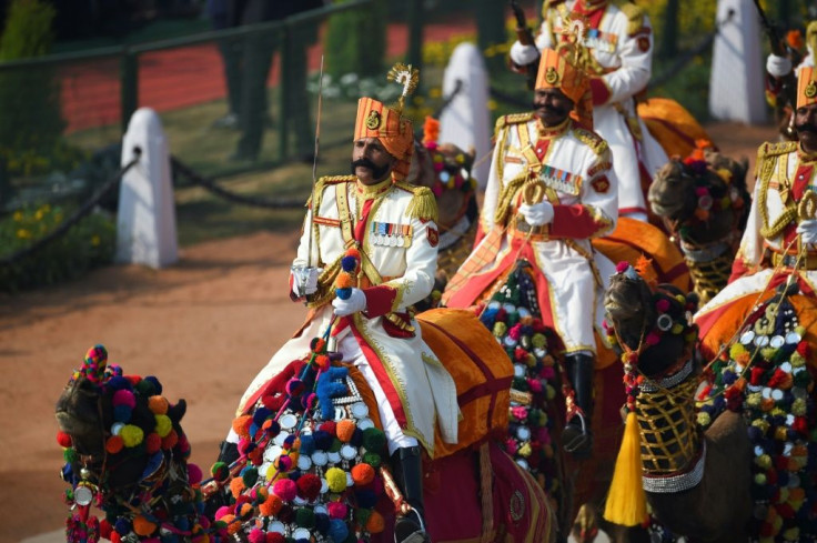 The mounted camels of the Border Security Force put in an early showing, strutting across the avenue in brightly coloured caparisons